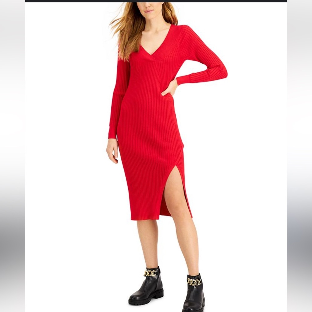 Inc red ribbed sweater midi bodycon dress vneck size large new holiday